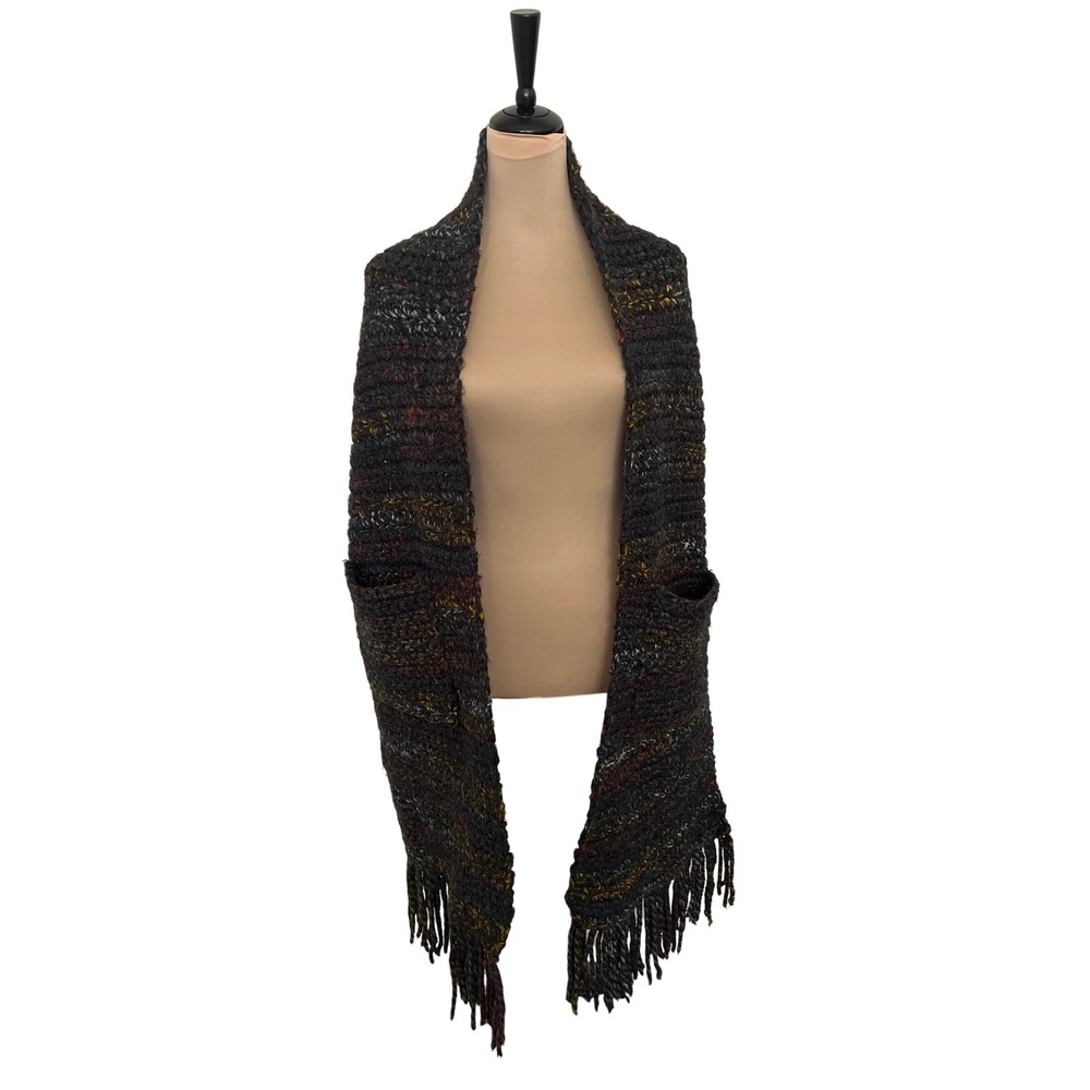 Handmade Chunky Knit Pocket Scarf Wrap Variegated Charcoal Multi Fringe Shawl